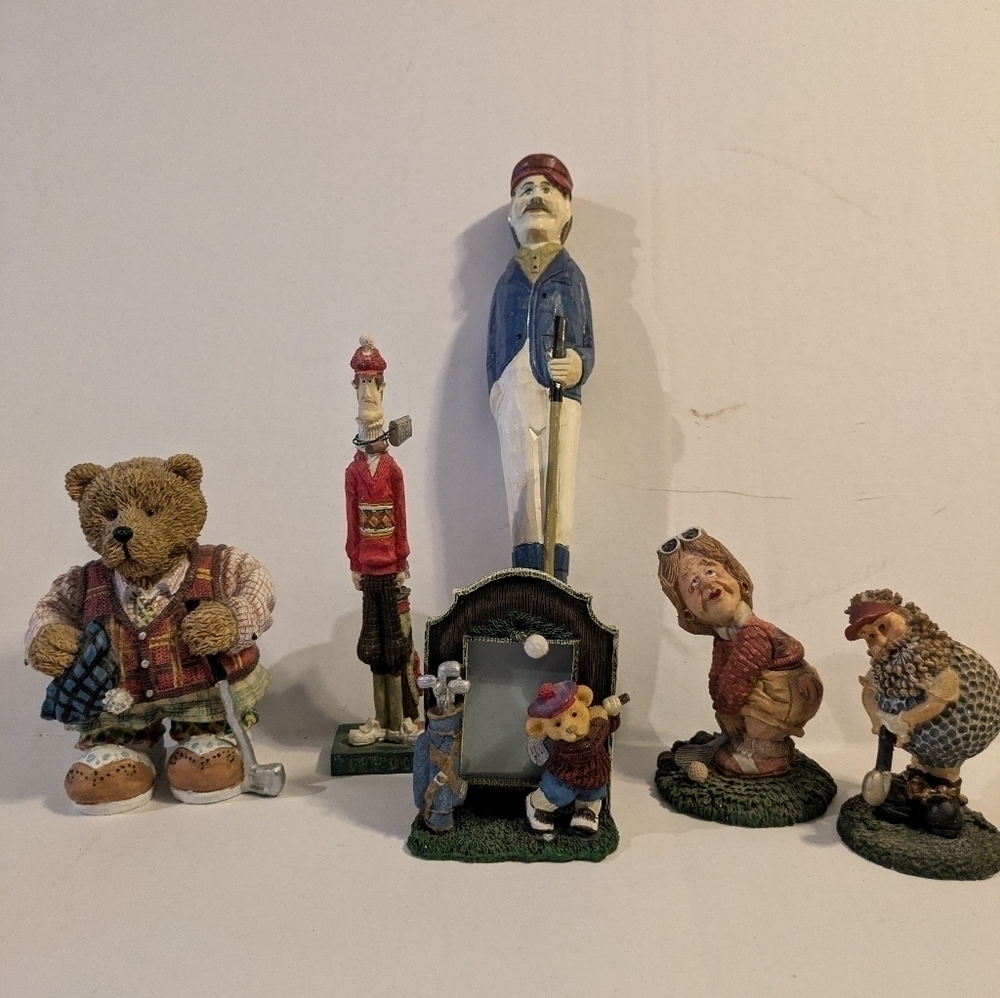 Lot of Golfer Golfing Figurines. Wooden and ceramic.
